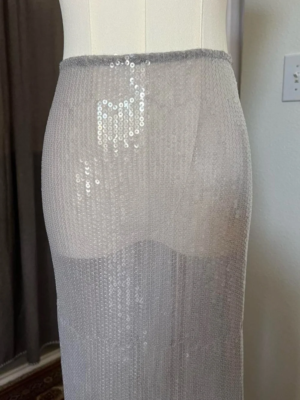 EDIKTED Riki Sheer Sequin Maxi Skirt in silver